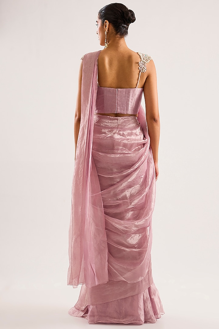 Lilac Tissue Draped Ruffled Reception Saree Set by Ridhi Mehra at Pernia's Pop Up Shop