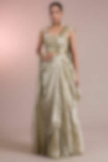 Mint Gold Tissue Pre-Stitched Ruffled Reception Saree Set by Ridhi Mehra at Pernia's Pop Up Shop