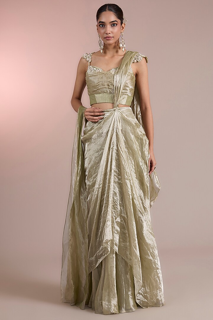 Mint Gold Tissue Pre-Stitched Ruffled Reception Saree Set by Ridhi Mehra at Pernia's Pop Up Shop