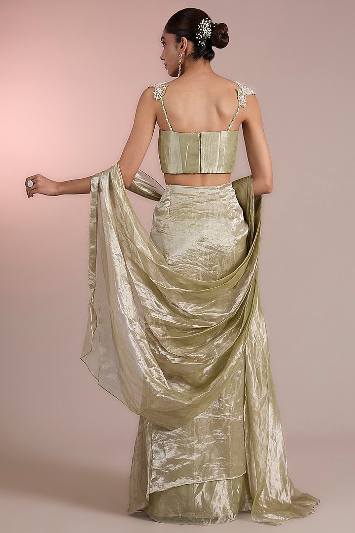 Mint Gold Tissue Pre-Stitched Ruffled Reception Saree Set by Ridhi Mehra at Pernia's Pop Up Shop