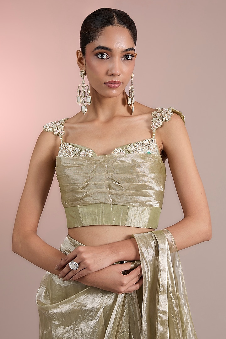 Mint Gold Tissue Pre-Stitched Ruffled Reception Saree Set by Ridhi Mehra at Pernia's Pop Up Shop