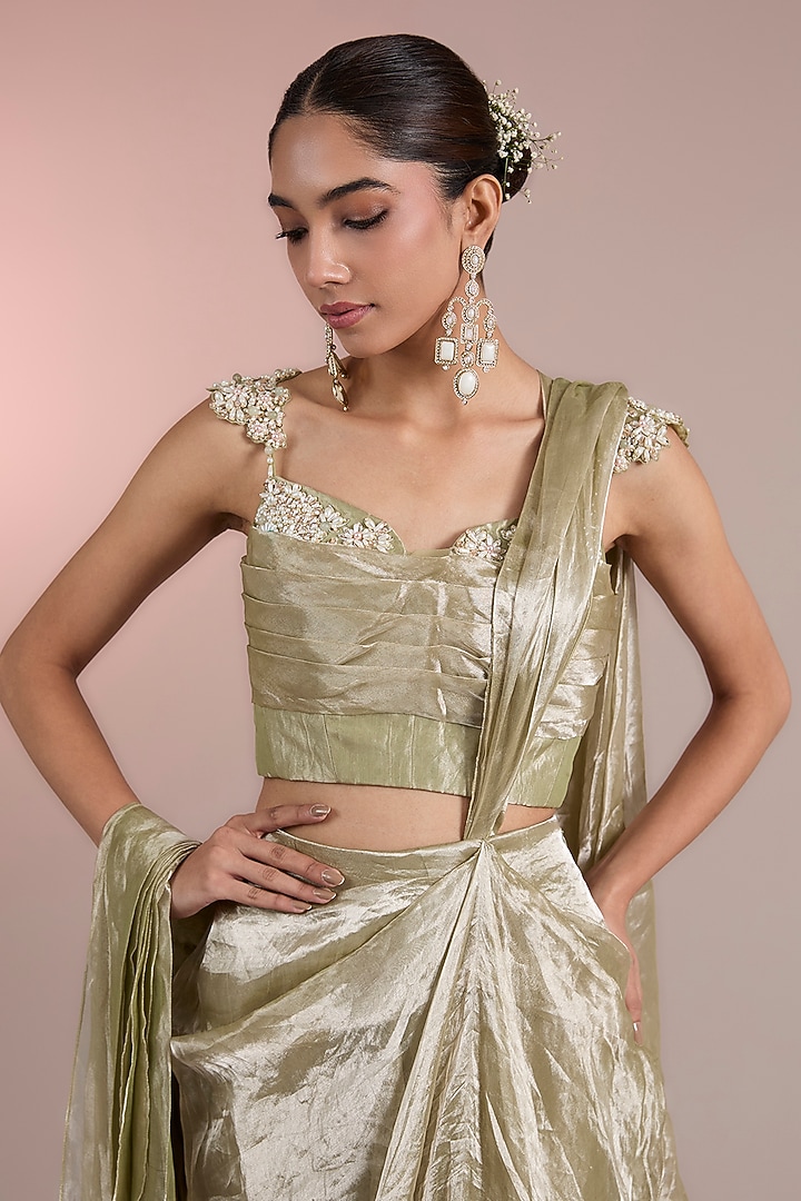 Mint Gold Tissue Pre-Stitched Ruffled Reception Saree Set by Ridhi Mehra at Pernia's Pop Up Shop
