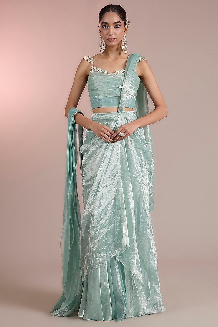 Ice Gold Tissue Pre-Stitched Ruffled Reception Saree Set by Ridhi Mehra at Pernia's Pop Up Shop
