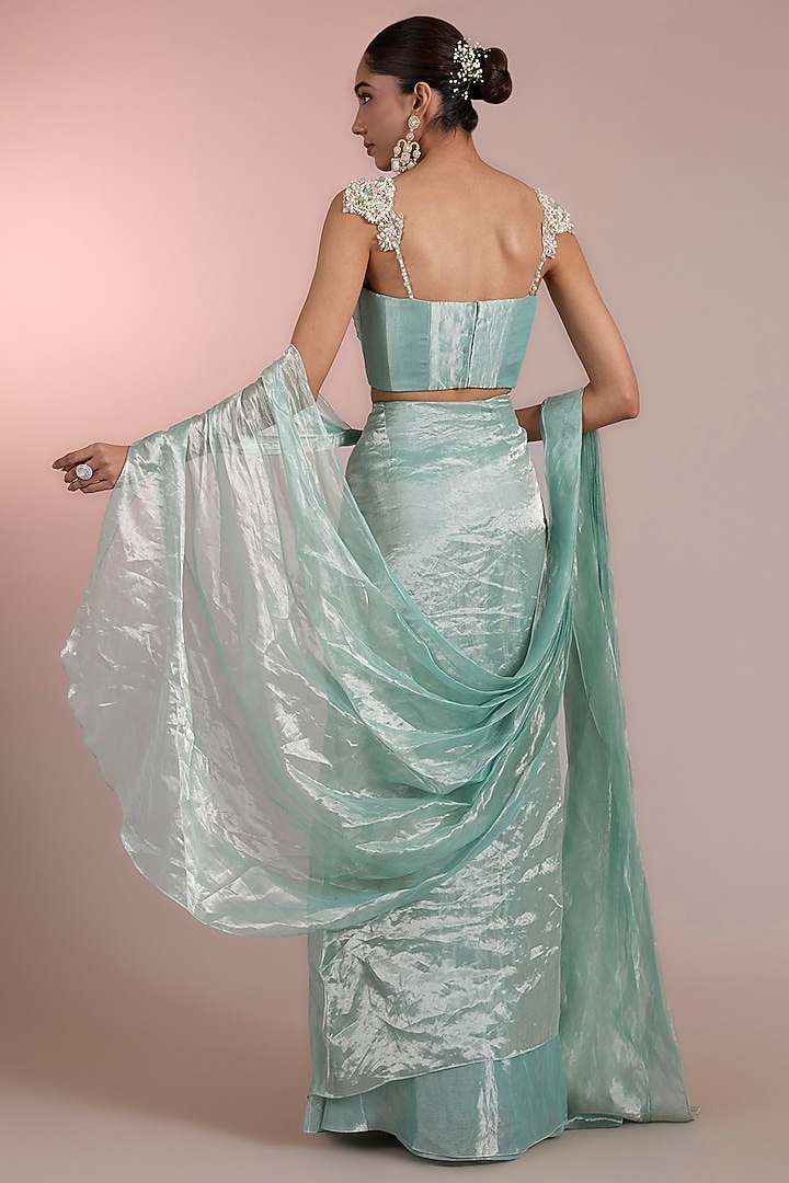 Ice Gold Tissue Pre-Stitched Ruffled Reception Saree Set by Ridhi Mehra at Pernia's Pop Up Shop