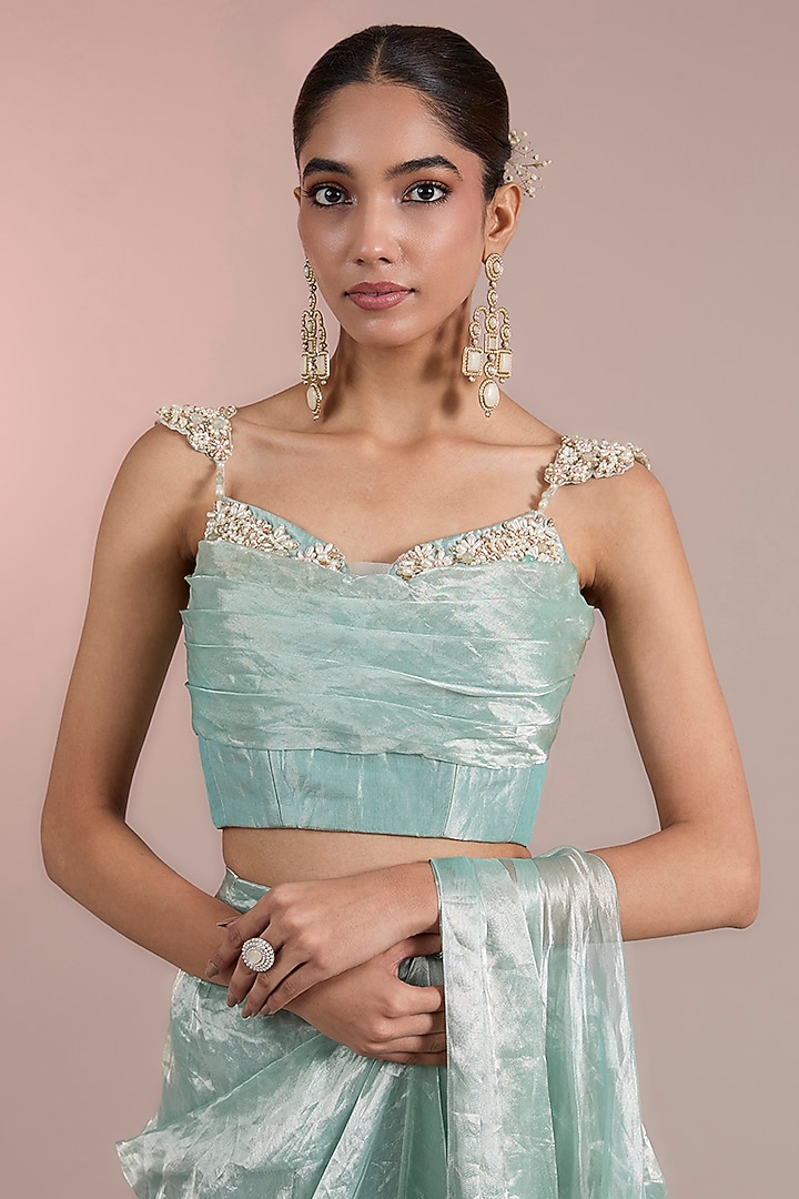 Ice Gold Tissue Pre-Stitched Ruffled Reception Saree Set by Ridhi Mehra at Pernia's Pop Up Shop