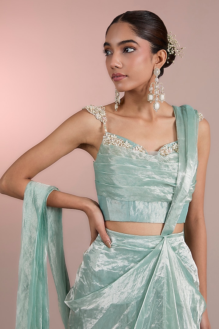 Ice Gold Tissue Pre-Stitched Ruffled Reception Saree Set by Ridhi Mehra at Pernia's Pop Up Shop