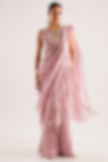 Lilac Tissue Draped Ruffled Reception Saree Set by Ridhi Mehra at Pernia's Pop Up Shop