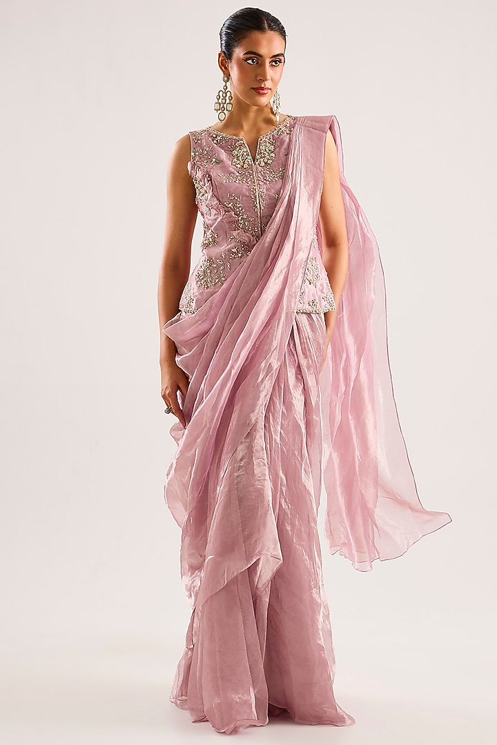Lilac Tissue Draped Ruffled Reception Saree Set by Ridhi Mehra at Pernia's Pop Up Shop