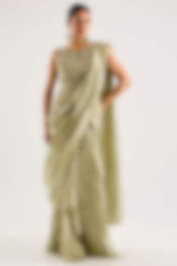 Mint Gold Tissue Draped Ruffled Reception Saree Set by Ridhi Mehra at Pernia's Pop Up Shop