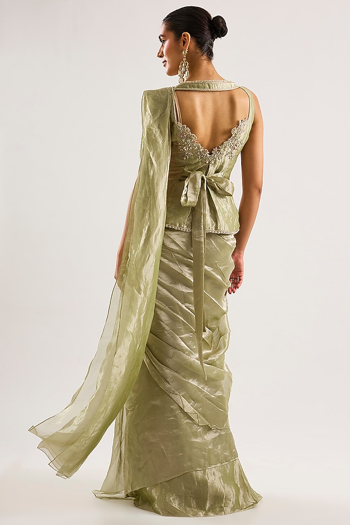 Mint Gold Tissue Draped Ruffled Reception Saree Set by Ridhi Mehra at Pernia's Pop Up Shop