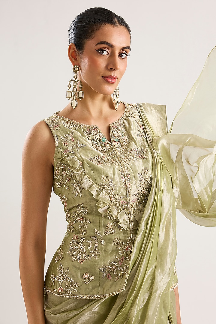 Mint Gold Tissue Draped Ruffled Reception Saree Set by Ridhi Mehra at Pernia's Pop Up Shop