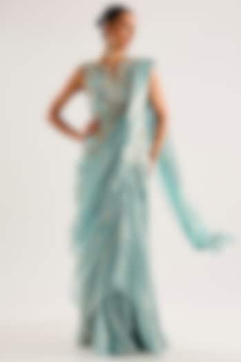 Ice Gold Tissue Draped Ruffled Reception Saree Set by Ridhi Mehra at Pernia's Pop Up Shop