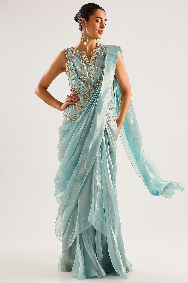 Ice Gold Tissue Draped Ruffled Reception Saree Set by Ridhi Mehra at Pernia's Pop Up Shop