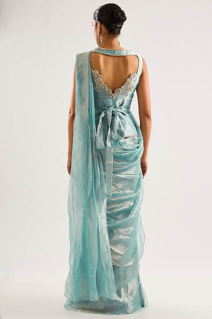Ice Gold Tissue Draped Ruffled Reception Saree Set by Ridhi Mehra at Pernia's Pop Up Shop