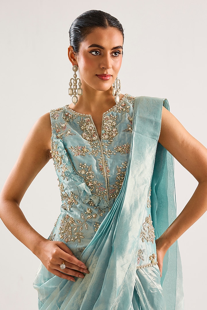 Ice Gold Tissue Draped Ruffled Reception Saree Set by Ridhi Mehra at Pernia's Pop Up Shop