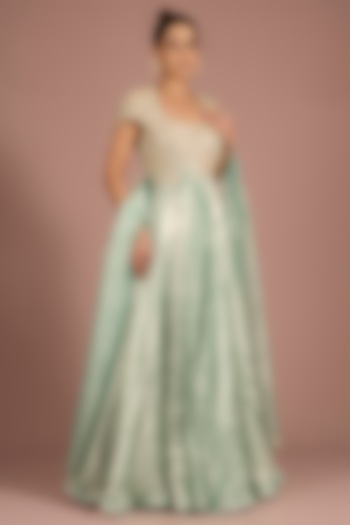 Ice Gold Tissue Embroidered Bridal Anarkali Set by Ridhi Mehra at Pernia's Pop Up Shop