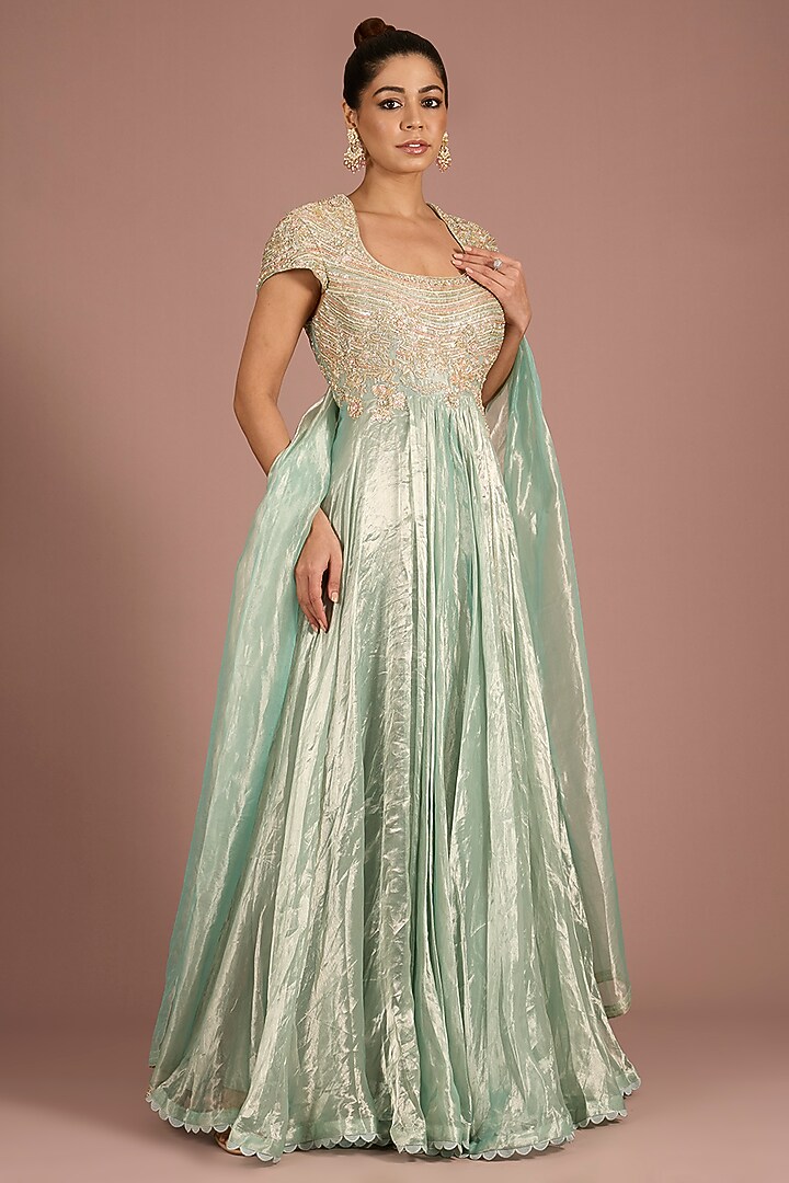 Ice Gold Tissue Embroidered Bridal Anarkali Set by Ridhi Mehra at Pernia's Pop Up Shop