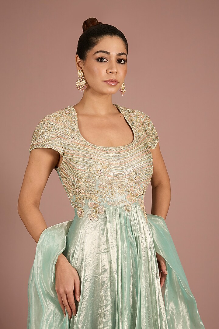 Ice Gold Tissue Embroidered Bridal Anarkali Set by Ridhi Mehra at Pernia's Pop Up Shop