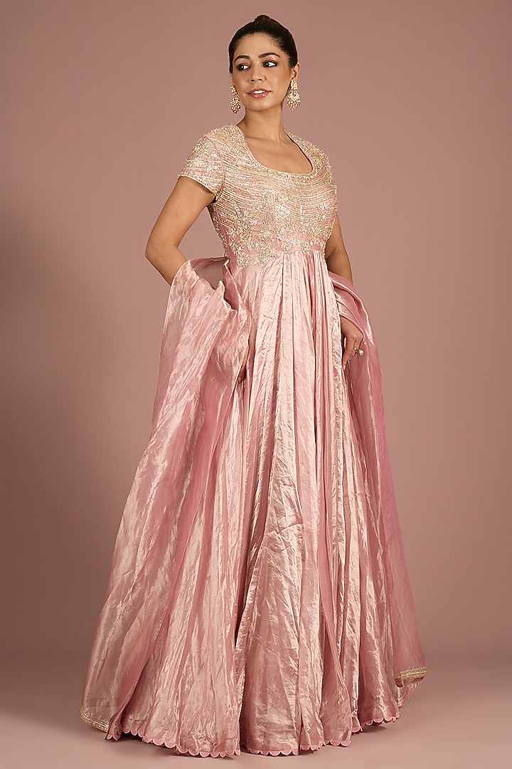 Lilac Gold Gold Tissue Embroidered Bridal Anarkali Set by Ridhi Mehra at Pernia's Pop Up Shop