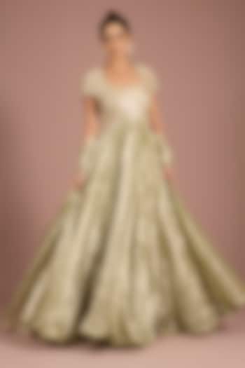 Mint & Gold Gold Tissue Embroidered Bridal Anarkali Set by Ridhi Mehra at Pernia's Pop Up Shop