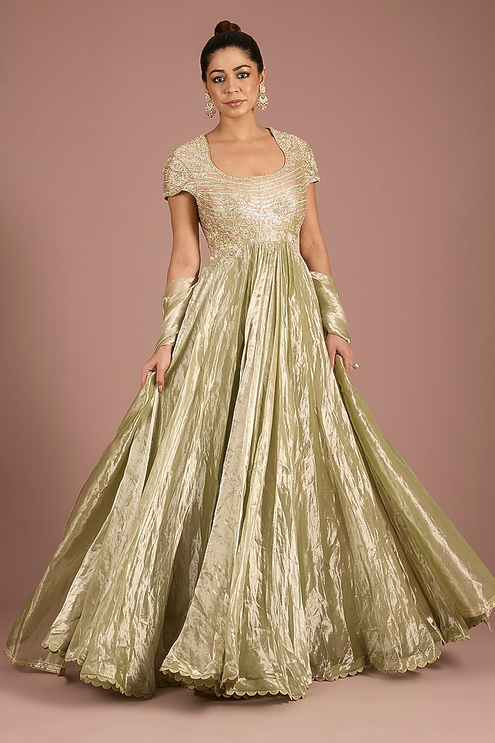 Mint & Gold Gold Tissue Embroidered Bridal Anarkali Set by Ridhi Mehra at Pernia's Pop Up Shop