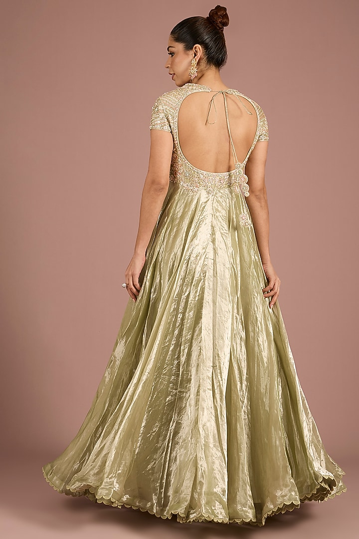 Mint & Gold Gold Tissue Embroidered Bridal Anarkali Set by Ridhi Mehra at Pernia's Pop Up Shop