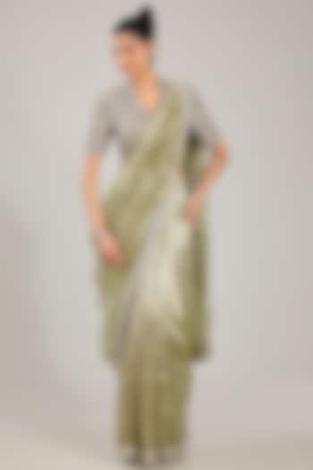 Mint Gold Tissue Embroidered Pre-Stitched Reception Saree Set by Ridhi Mehra at Pernia's Pop Up Shop