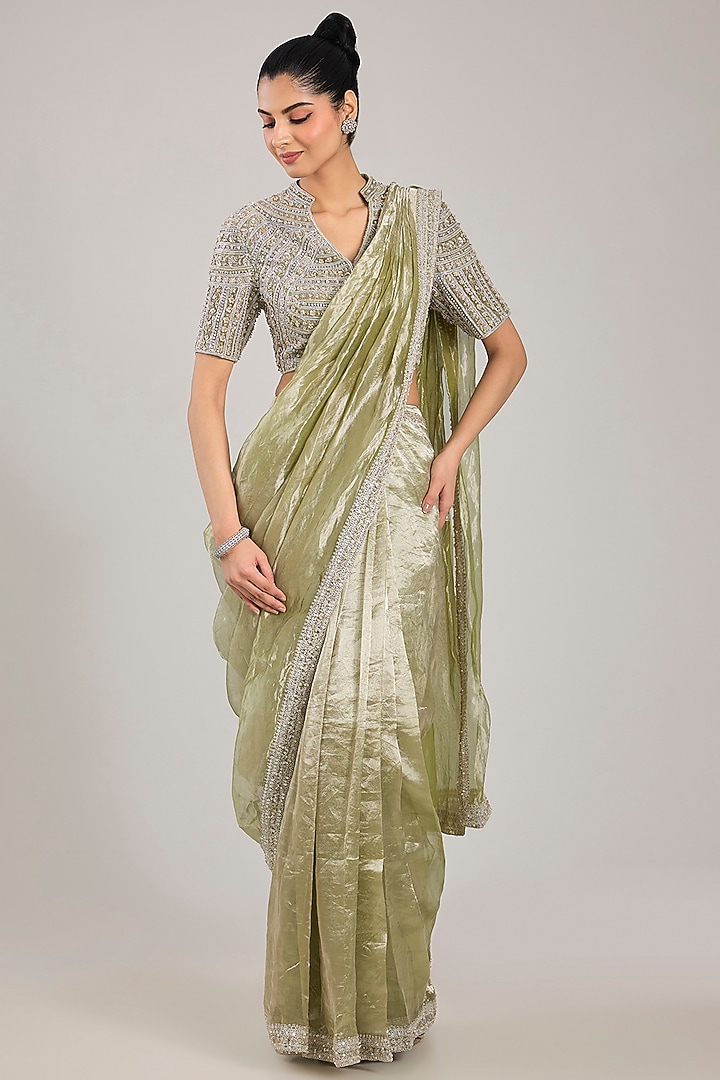 Mint Gold Tissue Embroidered Pre-Stitched Reception Saree Set by Ridhi Mehra at Pernia's Pop Up Shop