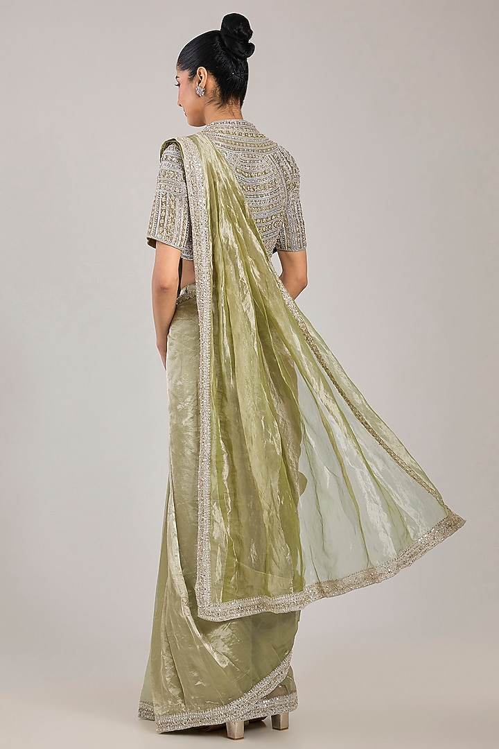 Mint Gold Tissue Embroidered Pre-Stitched Reception Saree Set by Ridhi Mehra at Pernia's Pop Up Shop