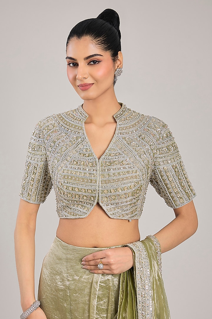 Mint Gold Tissue Embroidered Pre-Stitched Reception Saree Set by Ridhi Mehra at Pernia's Pop Up Shop
