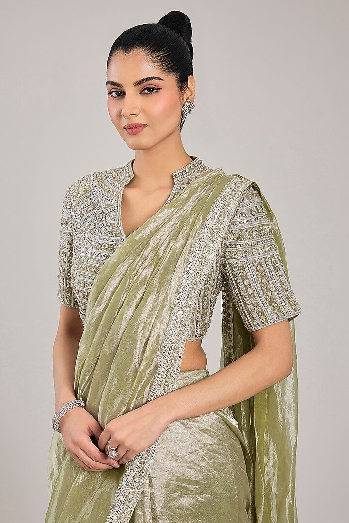 Mint Gold Tissue Embroidered Pre-Stitched Reception Saree Set by Ridhi Mehra at Pernia's Pop Up Shop