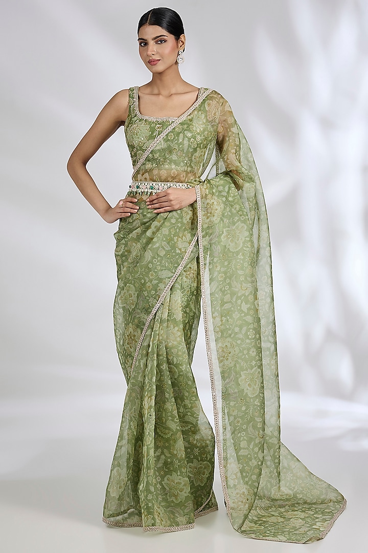 Mint Organza Printed Reception Saree Set by Ridhi Mehra at Pernia's Pop Up Shop