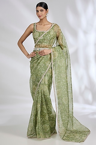 Mint Organza Printed Saree Set by Ridhi Mehra