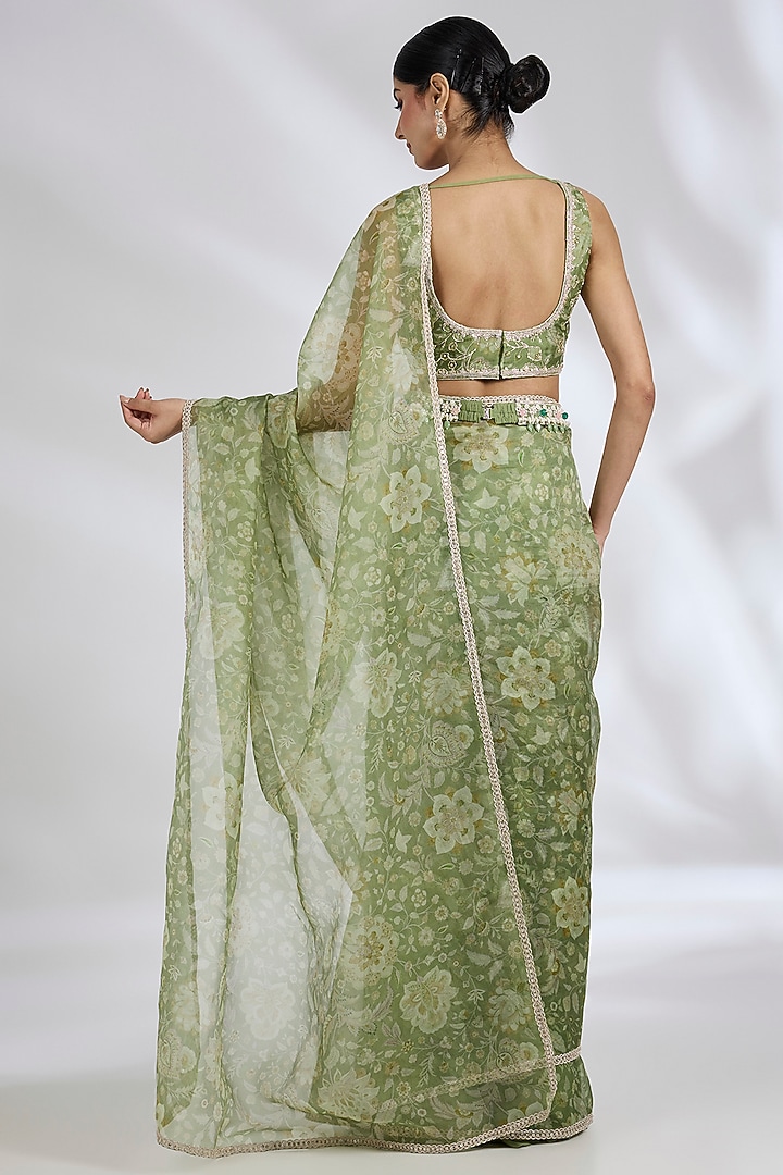 Mint Organza Printed Reception Saree Set by Ridhi Mehra at Pernia's Pop Up Shop