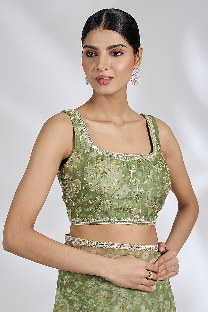 Mint Organza Printed Reception Saree Set by Ridhi Mehra at Pernia's Pop Up Shop