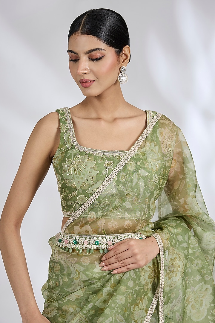 Mint Organza Printed Reception Saree Set by Ridhi Mehra at Pernia's Pop Up Shop