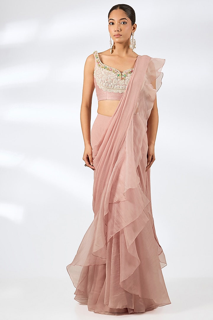 Dusky Rose Chiffon & Organza Ruffled Draped Reception Saree Set by Ridhi Mehra at Pernia's Pop Up Shop