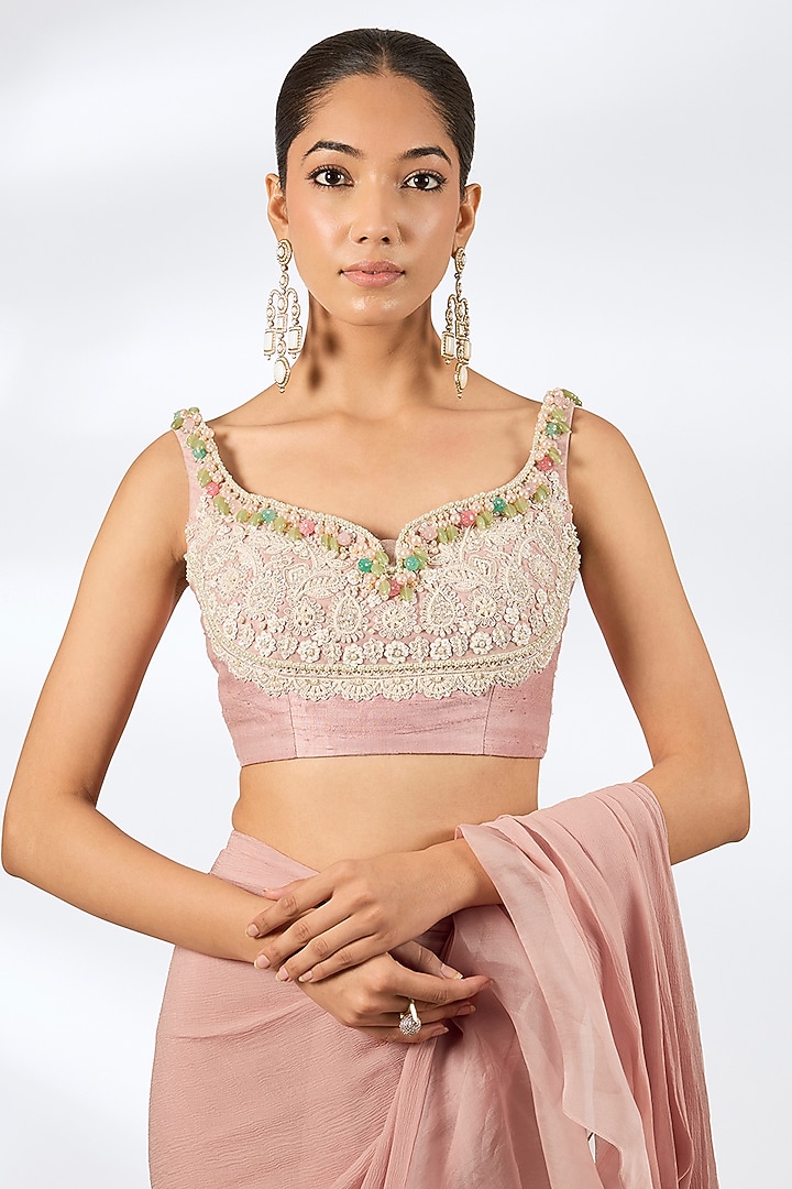 Dusky Rose Chiffon & Organza Ruffled Draped Reception Saree Set by Ridhi Mehra at Pernia's Pop Up Shop