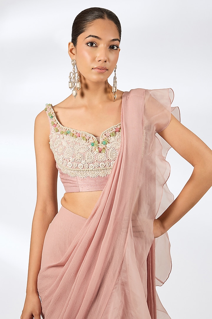 Dusky Rose Chiffon & Organza Ruffled Draped Reception Saree Set by Ridhi Mehra at Pernia's Pop Up Shop