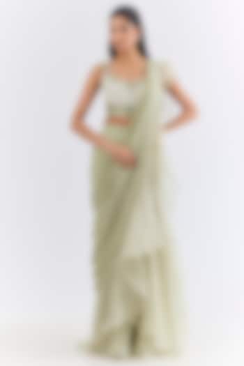 Silver Green Chiffon & Organza Draped Reception Saree Set by Ridhi Mehra at Pernia's Pop Up Shop