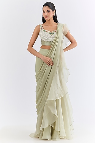 Silver Green Chiffon & Organza Draped Saree Set by Ridhi Mehra