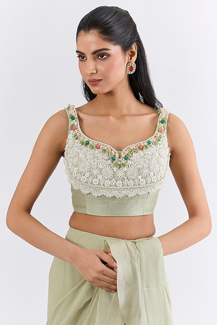 Silver Green Chiffon & Organza Draped Reception Saree Set by Ridhi Mehra at Pernia's Pop Up Shop