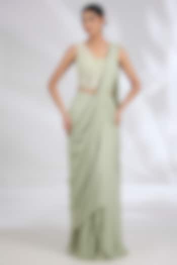 Silver Green Chiffon Ruffled Draped Reception Saree Set by Ridhi Mehra at Pernia's Pop Up Shop
