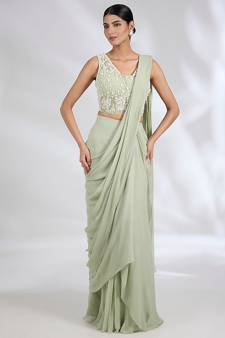 Silver Green Chiffon Ruffled Draped Reception Saree Set by Ridhi Mehra at Pernia's Pop Up Shop