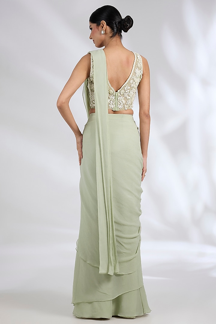 Silver Green Chiffon Ruffled Draped Reception Saree Set by Ridhi Mehra at Pernia's Pop Up Shop