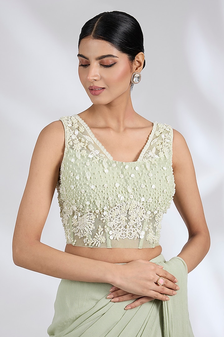 Silver Green Chiffon Ruffled Draped Reception Saree Set by Ridhi Mehra at Pernia's Pop Up Shop