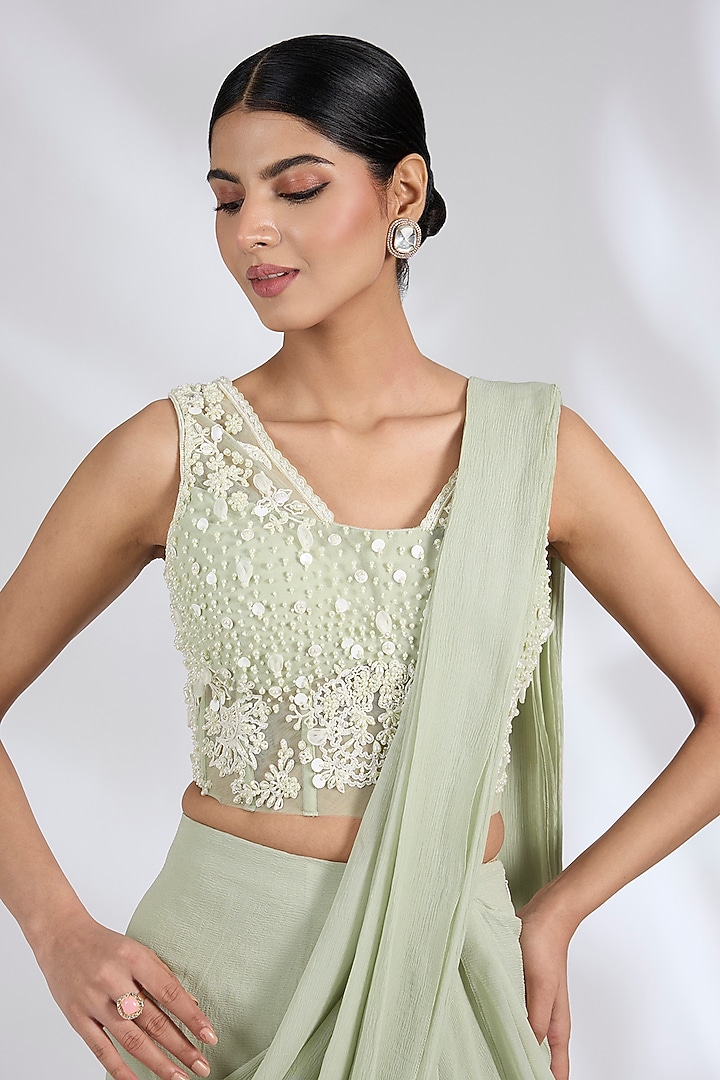 Silver Green Chiffon Ruffled Draped Reception Saree Set by Ridhi Mehra at Pernia's Pop Up Shop