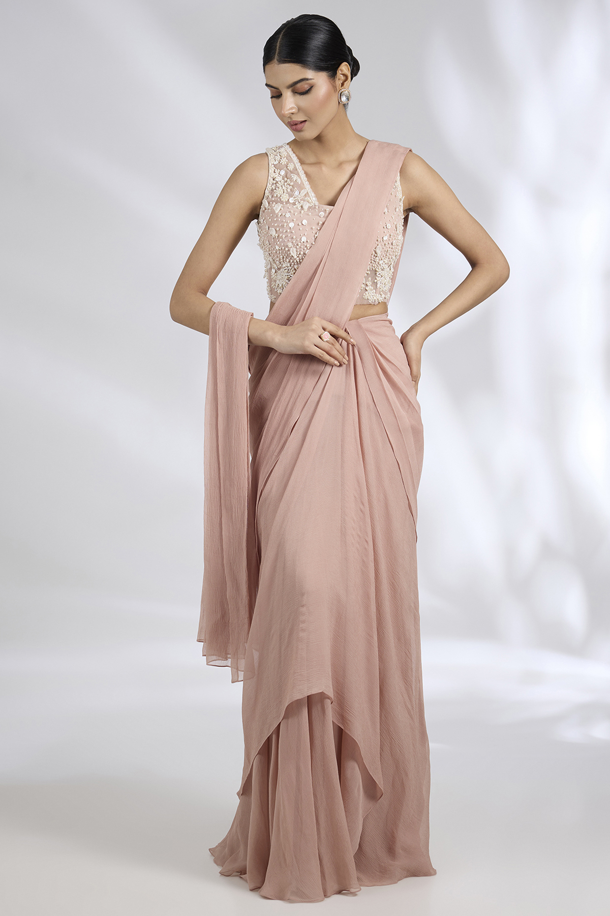 Dusky Rose Chiffon Ruffled Draped Reception Saree Set by Ridhi Mehra at Pernia's Pop Up Shop