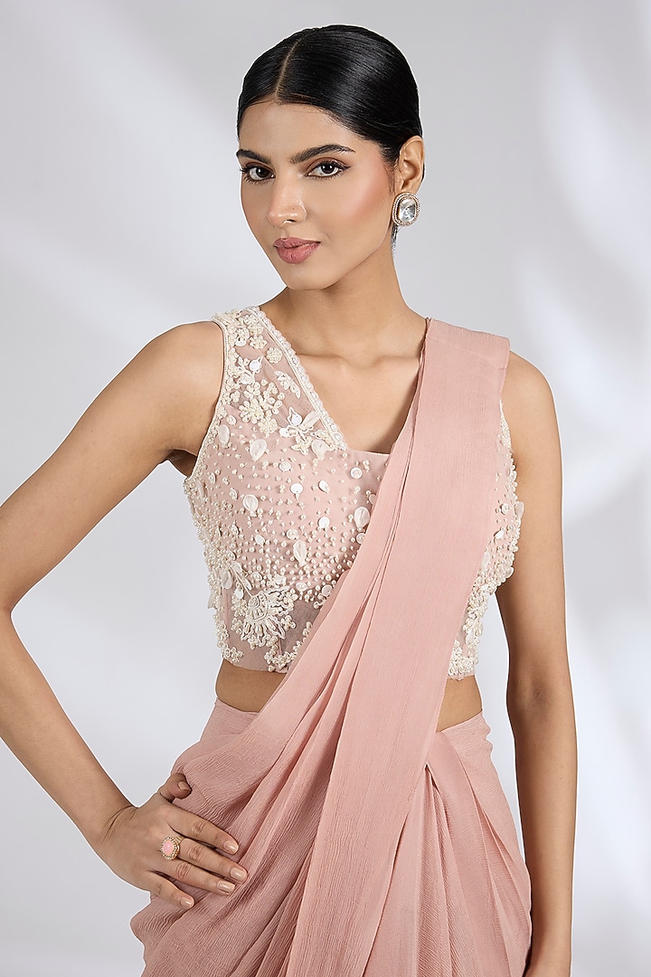 Dusky Rose Chiffon Ruffled Draped Reception Saree Set by Ridhi Mehra at Pernia's Pop Up Shop