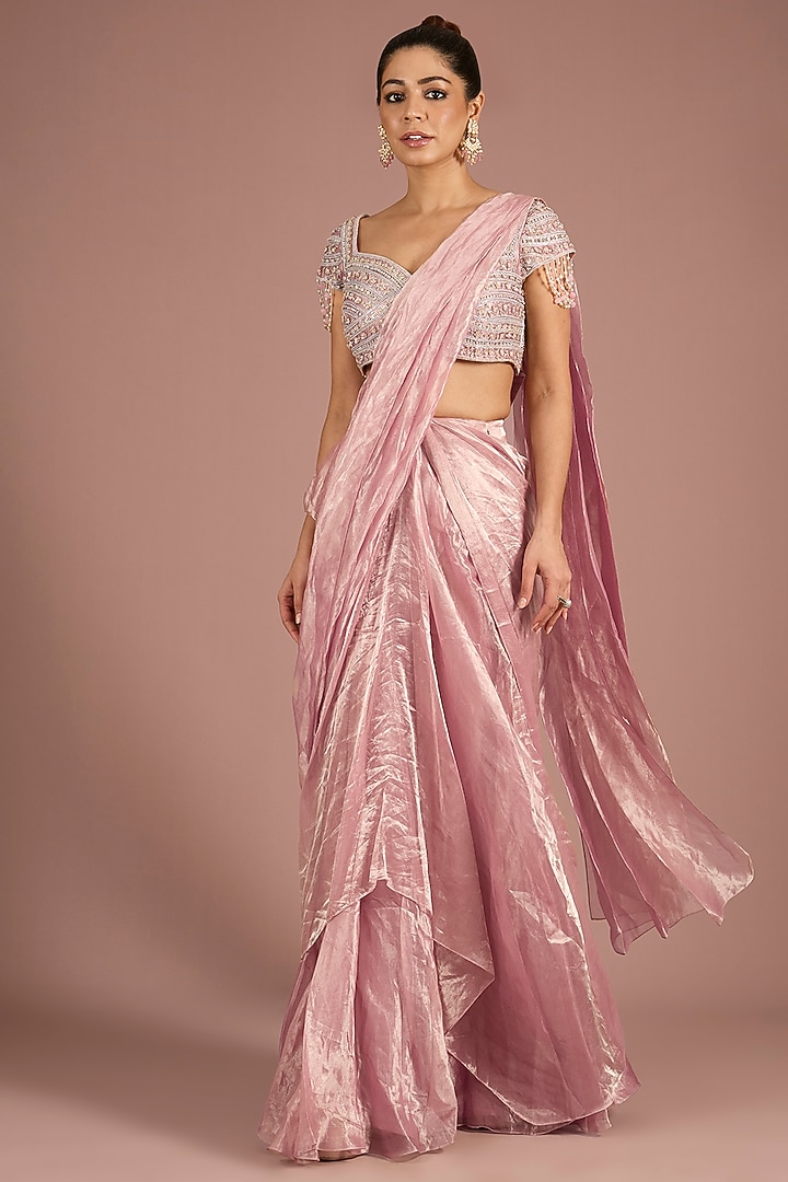 Lilac Gold Gold Tissue Embroidered Reception Saree Set by Ridhi Mehra at Pernia's Pop Up Shop